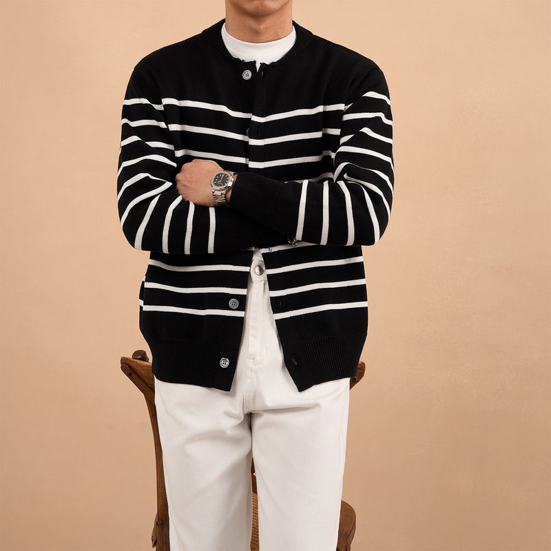 Crewneck Knitted Cardigan Contrast Color Stitching Classic Stripe Design Men'S Winter Thick Button Sweater Jacket Coat - Image 2